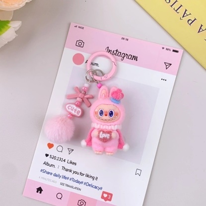 Picture of Flocked Mini Labubu Inspired Figurines-Pom Pom Keychain -Light Pink