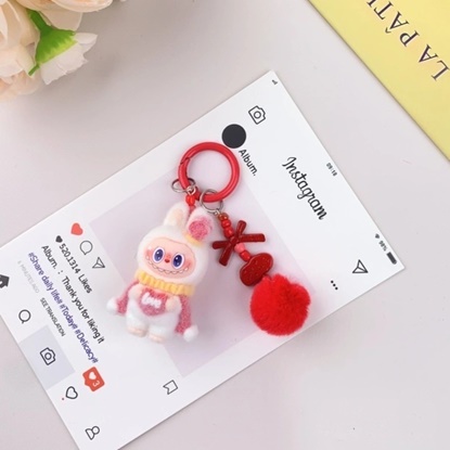 Picture of Flocked Mini Labubu Inspired Figurines-Pom Pom Keychain -Red and White