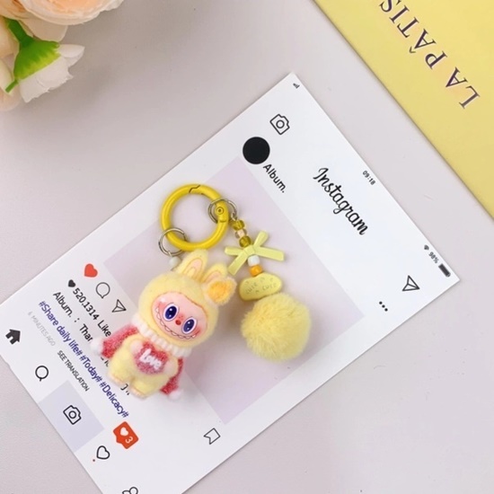 Picture of Flocked Mini Labubu Inspired Figurines-Pom Pom Keychain -Yellow